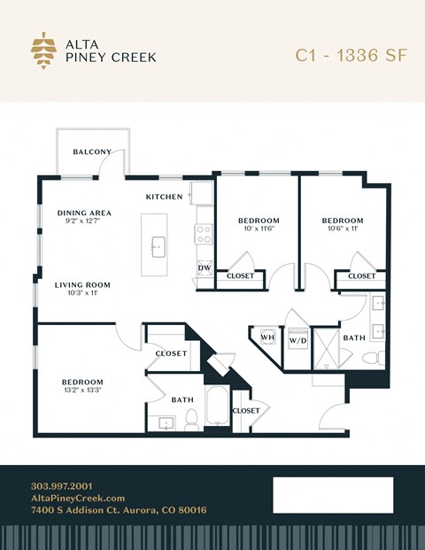 Floor plan for 3 beds, 2 baths, 1336 sqft
